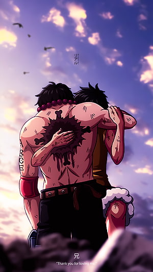One Piece Ace and Luffy Embrace Under a Purple Sky with Birds in Flight HD phone wallpaper