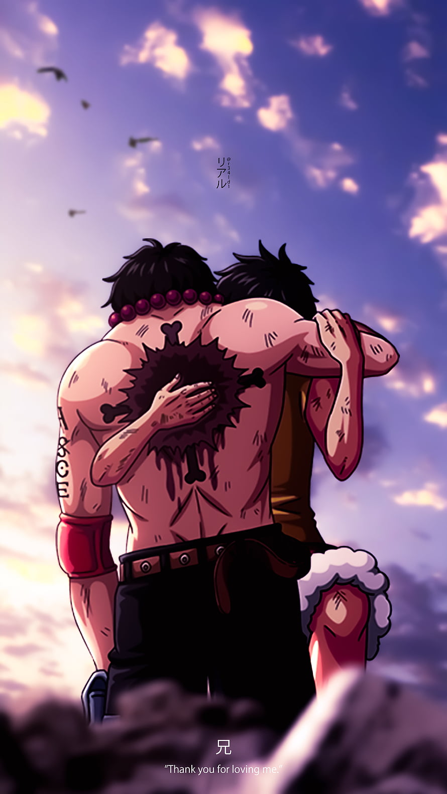 One Piece Ace and Luffy Embrace Under a Purple Sky with Birds in Flight HD phone wallpaper