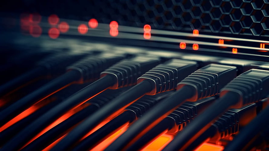 Close-Up of Ethernet Cables Plugged into Server Ports with Red LED Indicators HD wallpaper