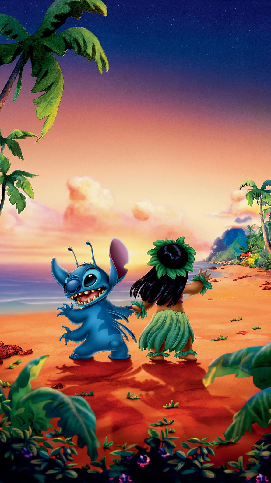 Lilo and Stitch Dancing on a Tropical Beach at Sunset HD phone wallpaper