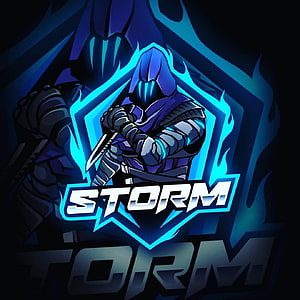 Storm Gaming Logo Design Featuring Armored Knight with Glowing Blue Energy Shield HD phone wallpaper