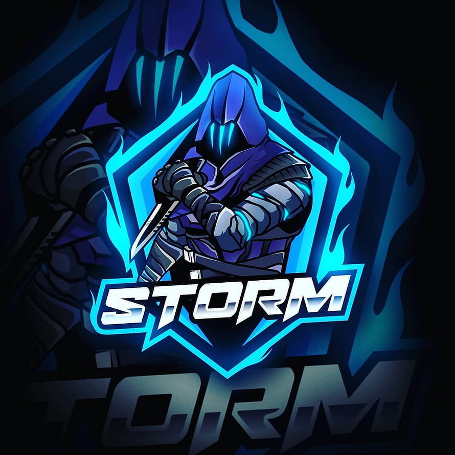 Storm Gaming Logo Design Featuring Armored Knight with Glowing Blue Energy Shield HD phone wallpaper