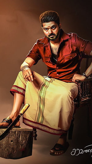 Vijay Sethupathi in traditional attire with a knife, intense expression, red shirt, and dhoti, dramatic lighting HD phone wallpaper