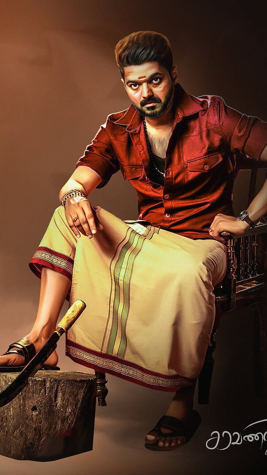 Vijay Sethupathi in traditional attire with a knife, intense expression, red shirt, and dhoti, dramatic lighting HD phone wallpaper