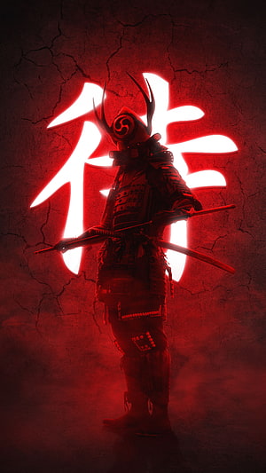 Dark Samurai Warrior With Glowing Red Kanji Background HD phone wallpaper