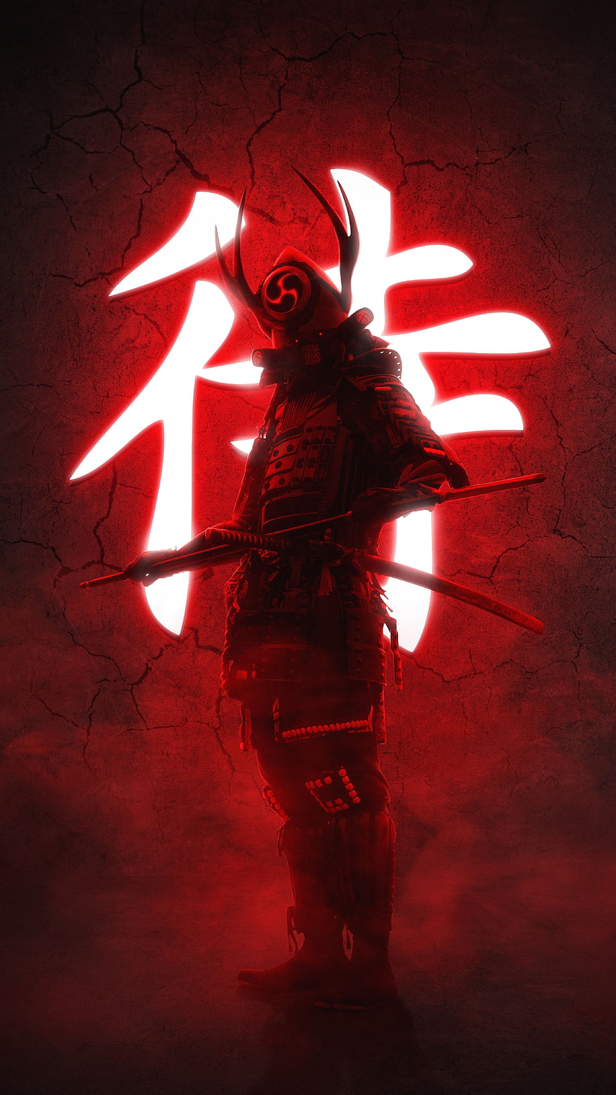 Dark Samurai Warrior With Glowing Red Kanji Background HD phone wallpaper