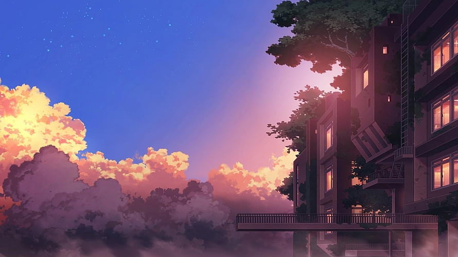 Anime Sunset Skyline with Clouds and Apartment Building HD wallpaper