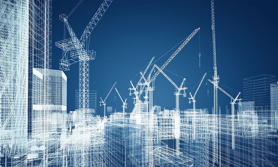 Blueprint Style Construction Site With Tower Cranes And Skyscrapers HD wallpaper