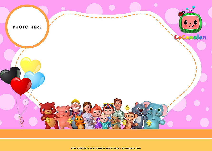 Cocomelon Baby Shower Invitation Template with Character Lineup and Balloons HD wallpaper