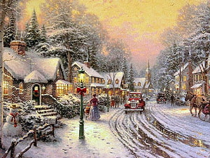 Vintage Christmas Village Scene with Snowy Cottages and Classic Cars HD wallpaper