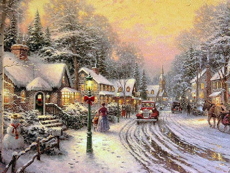 Vintage Christmas Village Scene with Snowy Cottages and Classic Cars HD wallpaper