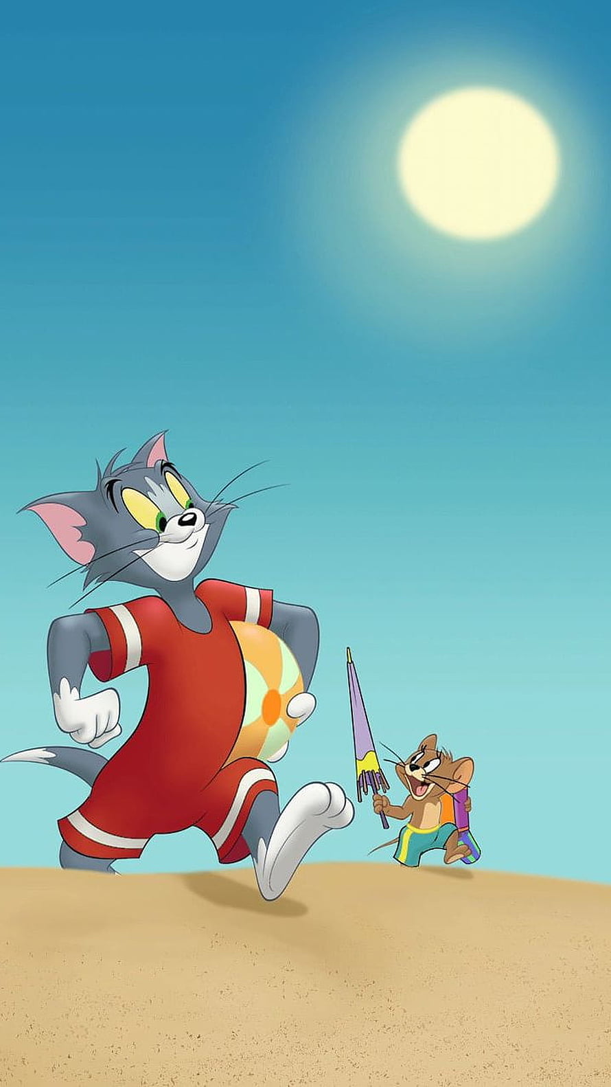 Tom and Jerry Running on the Beach with Beach Ball and Umbrella HD phone wallpaper