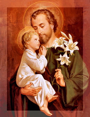 Saint Joseph Holding a Child with White Lilies in a Classical Religious Painting HD phone wallpaper