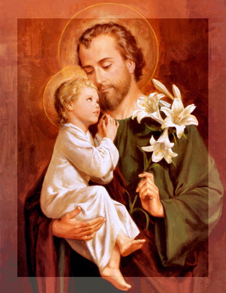 Saint Joseph Holding a Child with White Lilies in a Classical Religious Painting HD phone wallpaper