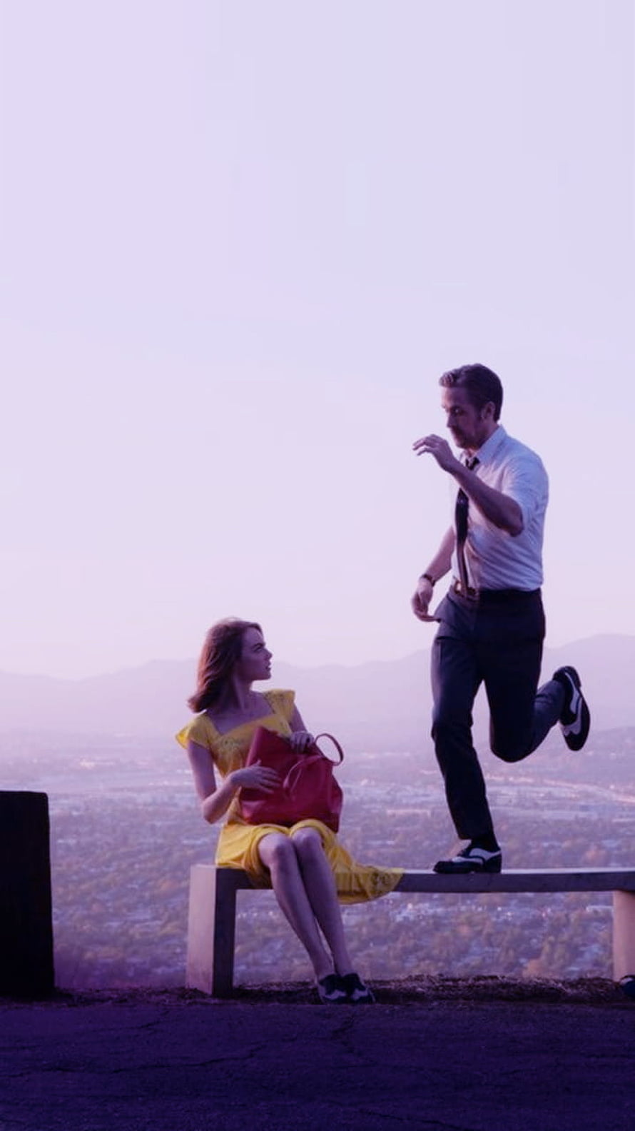 La La Land Mia and Sebastian Dancing on a Hilltop Bench at Sunset HD phone wallpaper