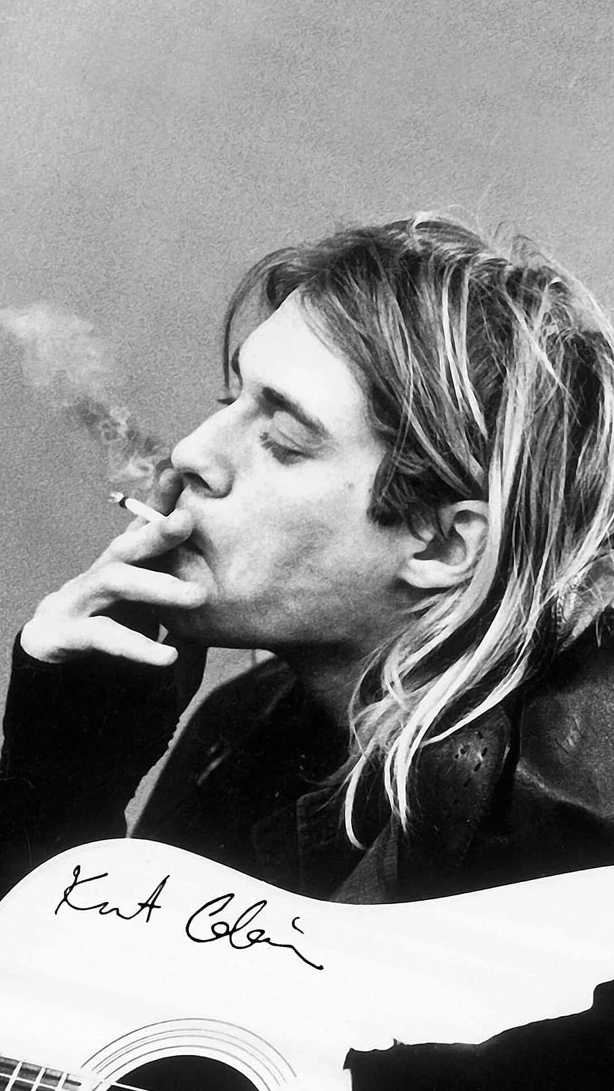 Kurt Cobain Black and White Portrait with Guitar and Cigarette HD phone wallpaper