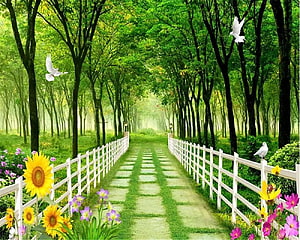 Serene Garden Path with White Fence, Sunflowers, and Flying Doves in a Lush Green Forest HD wallpaper