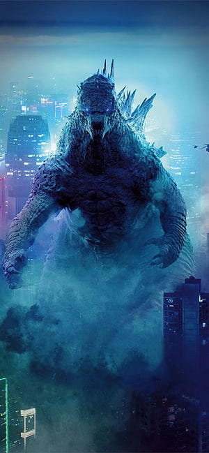 Godzilla Rising From Misty City Ruins In Blue Haze HD phone wallpaper