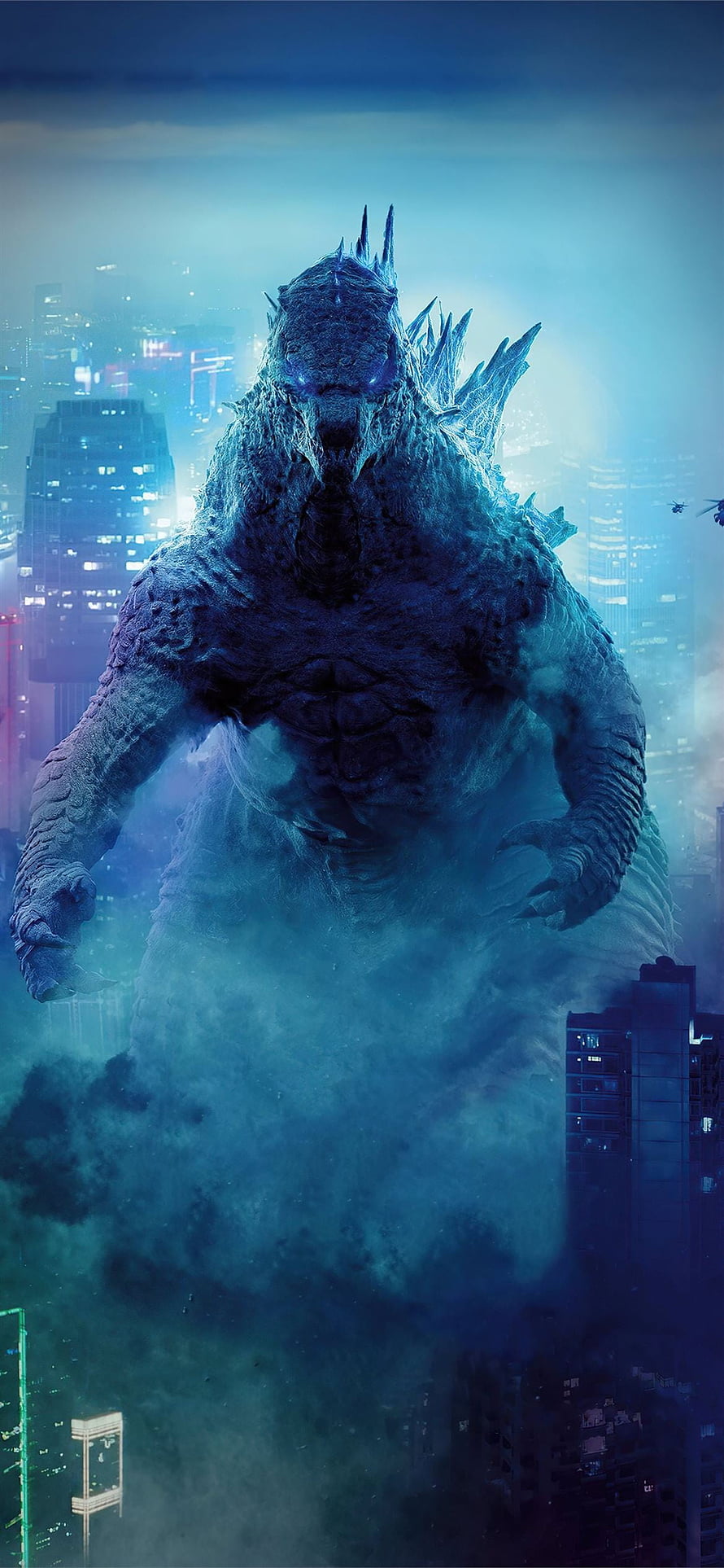 Godzilla Rising From Misty City Ruins In Blue Haze HD phone wallpaper