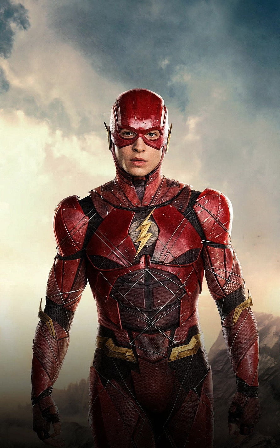 The Flash in Red Suit Standing Against Dramatic Cloudy Sky HD phone wallpaper