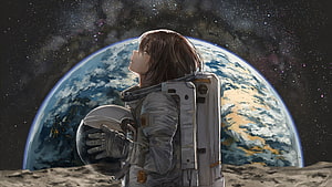 Anime Girl Astronaut Gazing at Earth From the Lunar Surface HD wallpaper