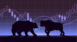 Bull And Bear Silhouettes Facing Off Against Stock Market Candlestick Chart Background HD wallpaper