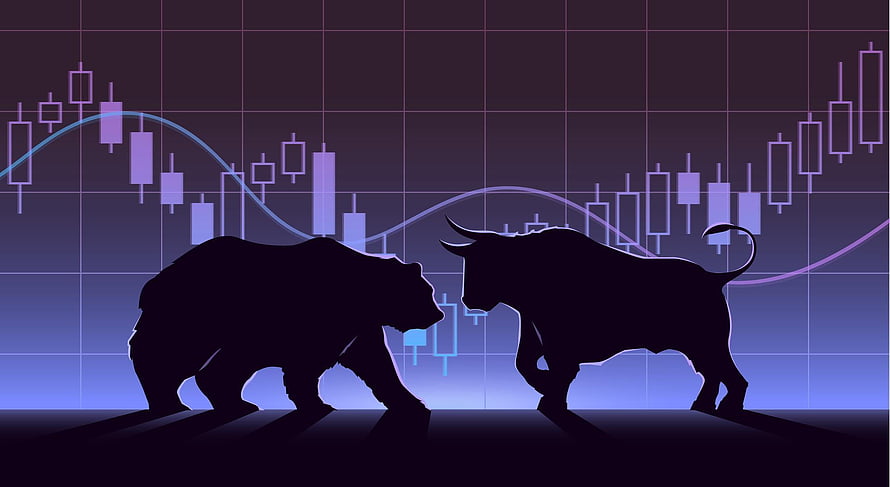 Bull And Bear Silhouettes Facing Off Against Stock Market Candlestick Chart Background HD wallpaper
