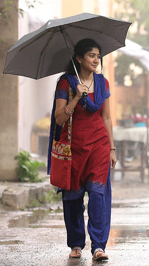 Sai Pallavi Walking in the Rain with Umbrella in Traditional Indian Attire HD phone wallpaper