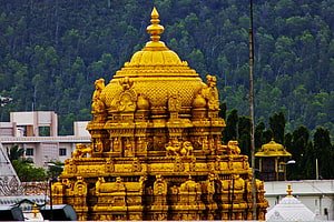 Golden Temple Dome with Intricate Carvings and Lush Green Forest Background HD wallpaper