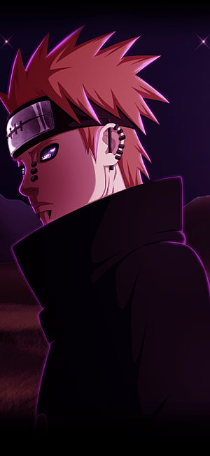 Pain from Naruto Shippuden anime character portrait with purple glow and dark background HD phone wallpaper