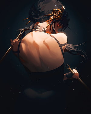 Spy x Family Yor Forger Anime Illustration Back View with Rose Hairpin and Dual Weapons HD phone wallpaper