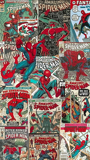 Spider-Man Vintage Comic Book Cover Art Collage Wallpaper, marvel comics lockscreen. Spider Man. . Papel de Parede para Celular. Marvel comics , Avengers , Superhero , Peter Parker Comic HD phone wallpaper