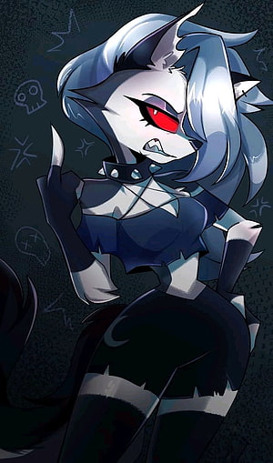 Loona from Helluva Boss in a dark gothic outfit with red eyes and silver hair HD phone wallpaper