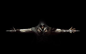 Assassin's Creed Hooded Assassin With Extended Hidden Blades Against Black Background HD wallpaper