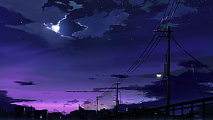 Anime Night Sky With Moon, Power Lines, and Purple Twilight Over a City Silhouette HD wallpaper