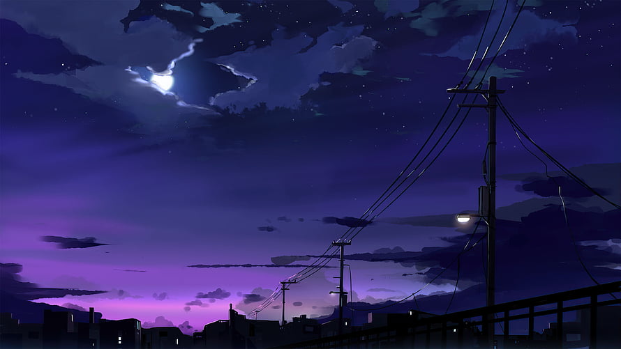 Anime Night Sky With Moon, Power Lines, and Purple Twilight Over a City Silhouette HD wallpaper