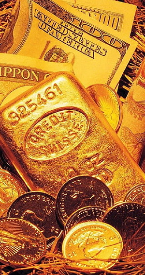Shiny Gold Bars and Coins with US Dollar Bills on Straw Background HD phone wallpaper