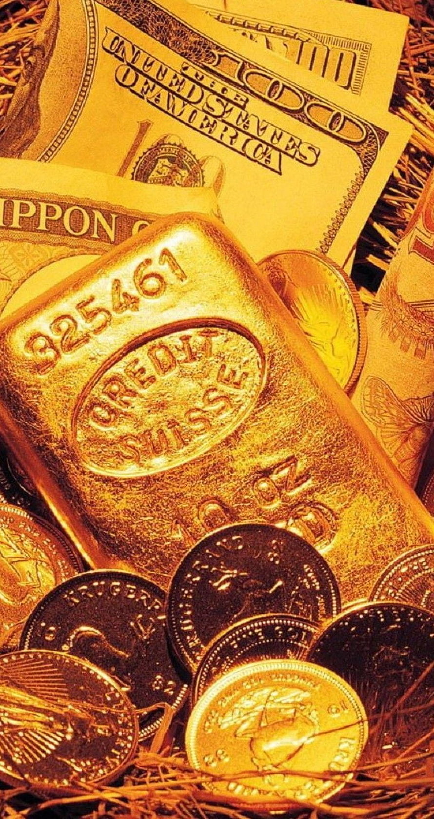Shiny Gold Bars and Coins with US Dollar Bills on Straw Background HD phone wallpaper