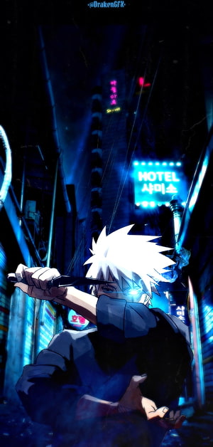 Hatake Kakashi in a Neon-Lit Cyberpunk Alley from Naruto Shippuden HD phone wallpaper