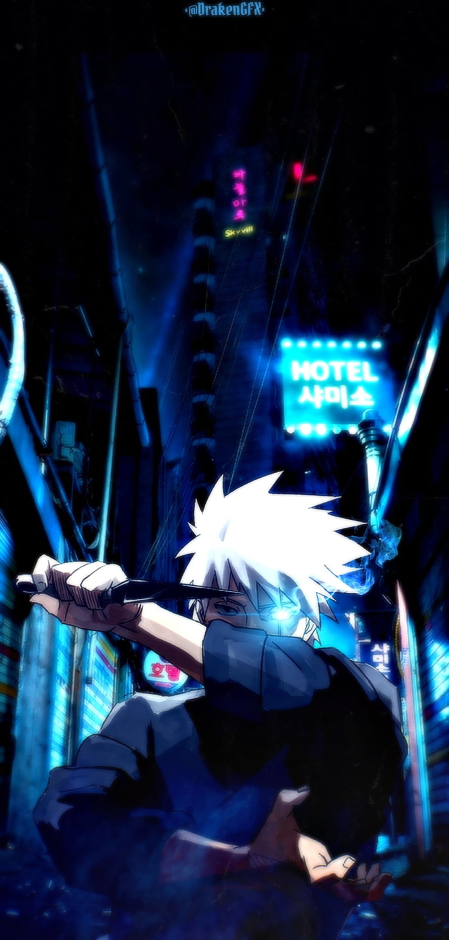 Hatake Kakashi in a Neon-Lit Cyberpunk Alley from Naruto Shippuden HD phone wallpaper