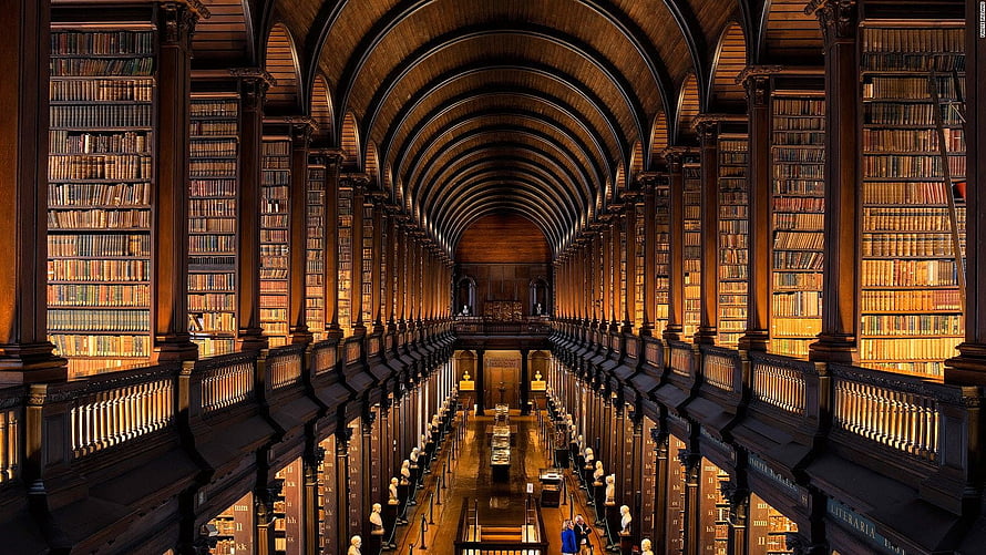 Grand Long Room Library Interior with Arched Wooden Ceiling and Bookshelves HD wallpaper