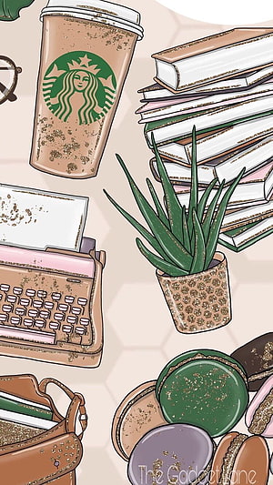 Starbucks Coffee Cup, Vintage Keyboard, Books, and Macarons Aesthetic Illustration HD phone wallpaper