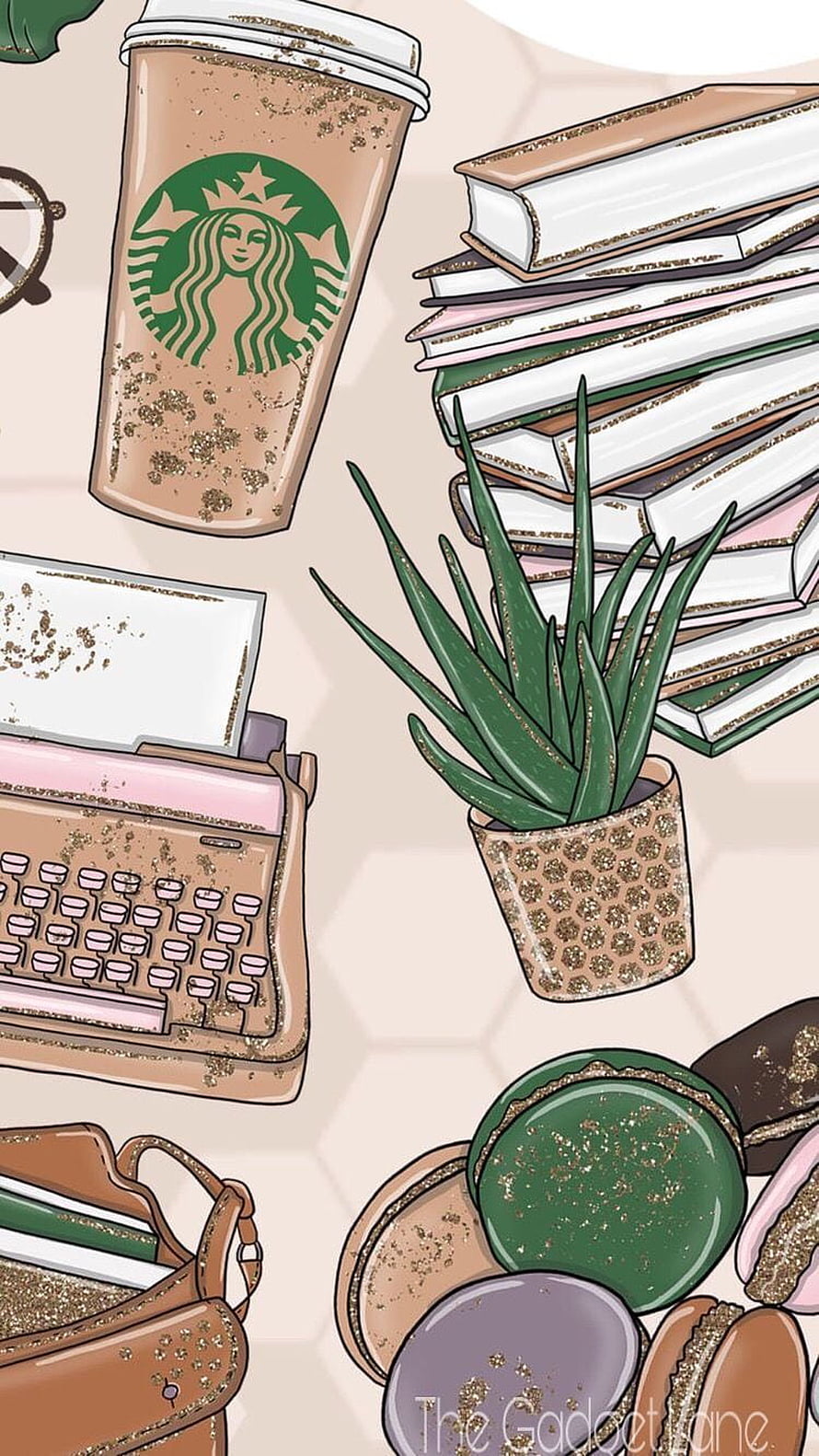 Starbucks Coffee Cup, Vintage Keyboard, Books, and Macarons Aesthetic Illustration HD phone wallpaper