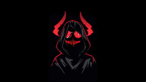 Dark Hooded Demon Character With Glowing Red Eyes And Horns HD wallpaper