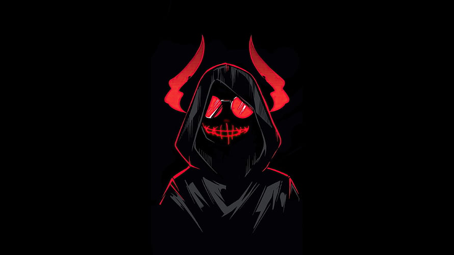 Dark Hooded Demon Character With Glowing Red Eyes And Horns HD wallpaper