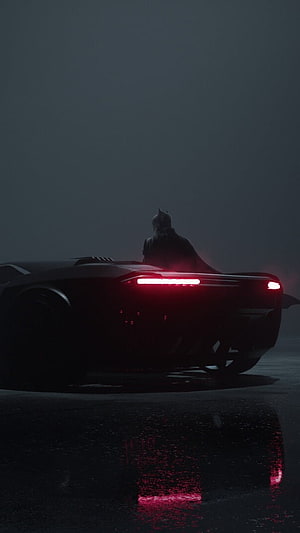 Batman Silhouette in Batmobile with Glowing Red Taillights on Wet Night Road, The Batman Posters 2022, Car Background HD phone wallpaper
