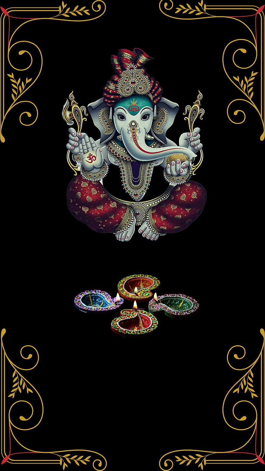 Lord Ganesha Digital Art with Diya Lamps and Ornate Gold Border on Black Background HD phone wallpaper