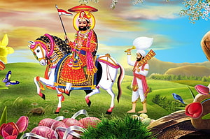 Gujarati Folk Art Illustration of King Prithviraj Chauhan Riding a White Horse with Attendant HD wallpaper