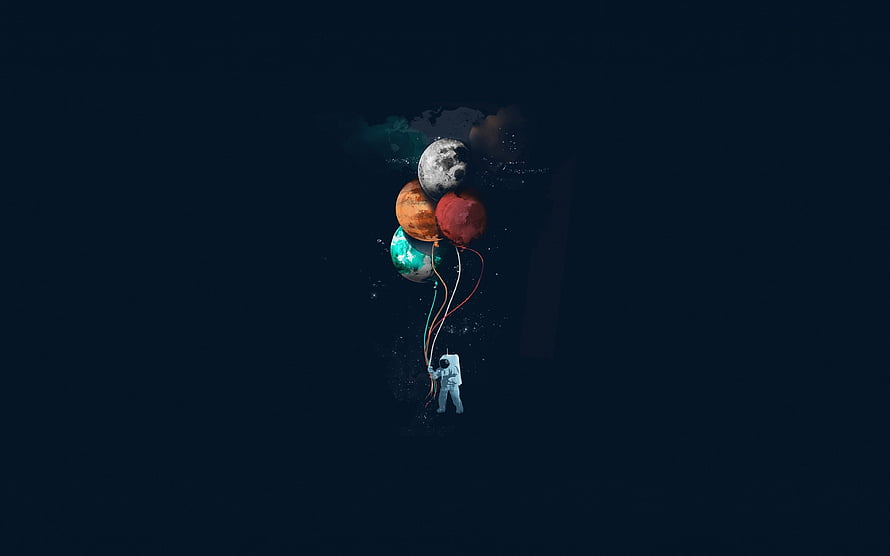 Astronaut Holding Planet Balloons in Deep Space HD wallpaper