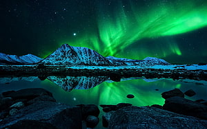 Green Aurora Borealis Over Snow-Capped Mountains Reflected in a Calm Lake at Night HD wallpaper